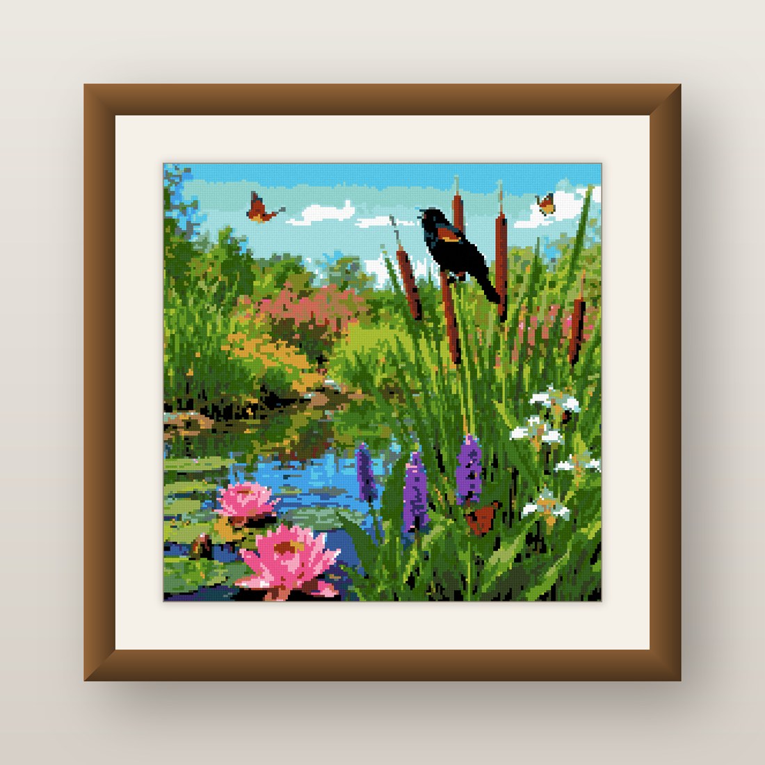 Marsh Bird Cross Stitch Pattern, Blackbird Butterflies Wetland PDF