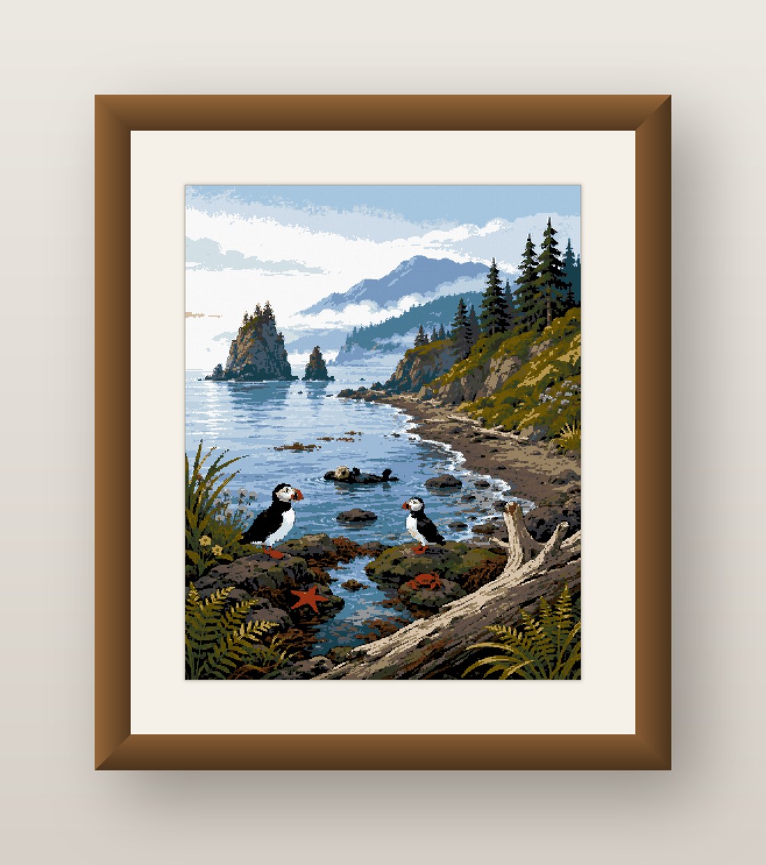 Puffin Cross Stitch Pattern, Rocky Coast Mountain Seabird Stream PDF