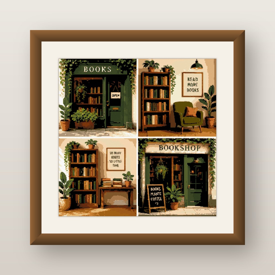Cozy Bookshop Cross Stitch Pattern, Reading Storefront Sign Set PDF