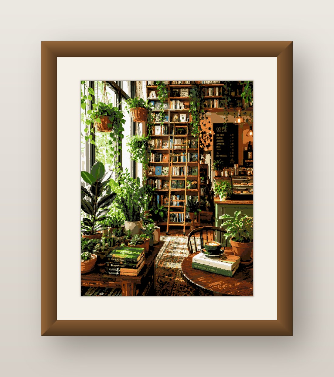 Bookshop Interior Cross Stitch Pattern, Plant Filled Reading Nook PDF