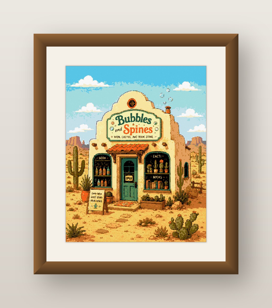 Cactus Soda Shop Cross Stitch Pattern, Desert Storefront Bubbles PDF