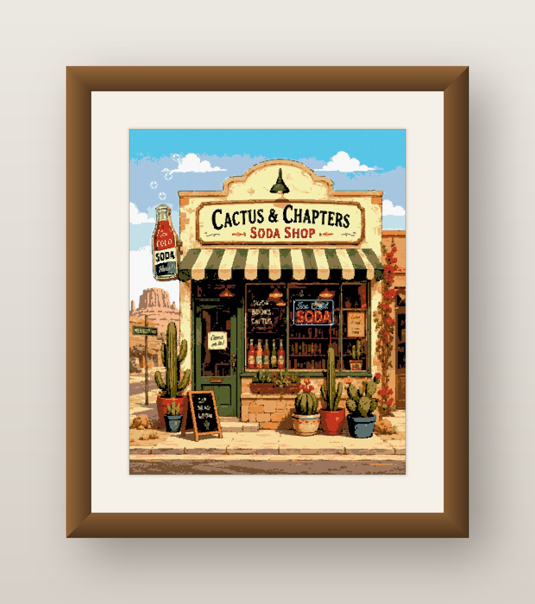 Cactus Soda Shop Cross Stitch Pattern, Bookshop Desert Storefront PDF