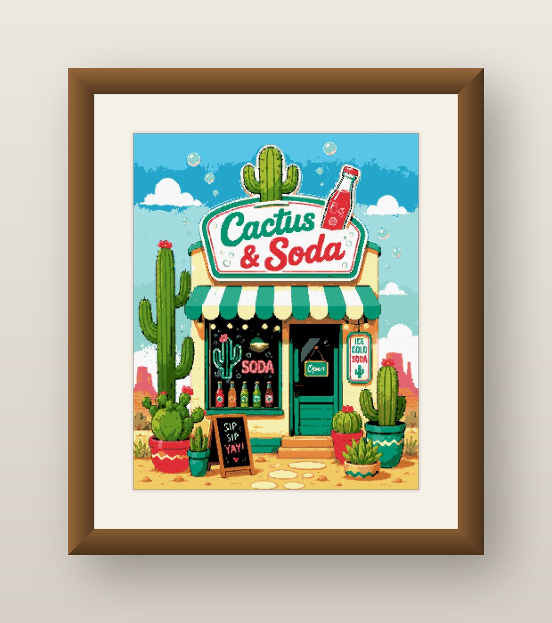 Cactus Soda Shop Cross Stitch Pattern, Cute Desert Storefront PDF