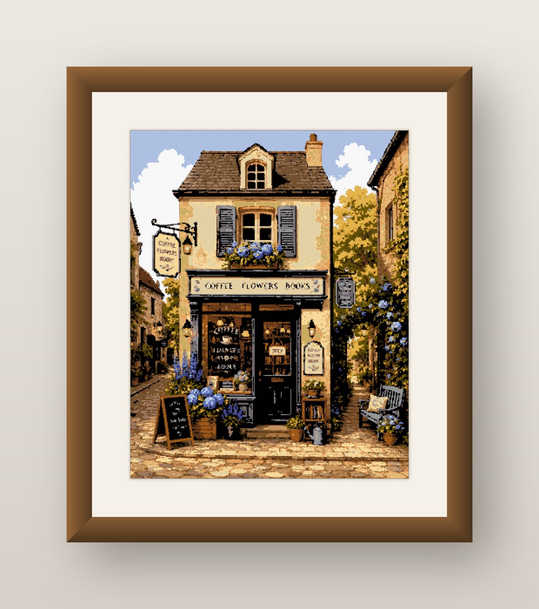 Coffee and Books Cross Stitch Pattern, Cozy Flower Cafe Shop PDF