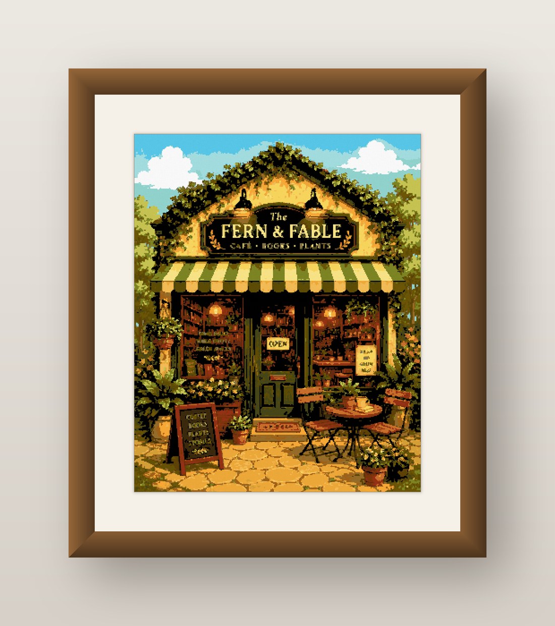Fern and Fable Cross Stitch Pattern, Cozy Bookshop Cafe Plants PDF