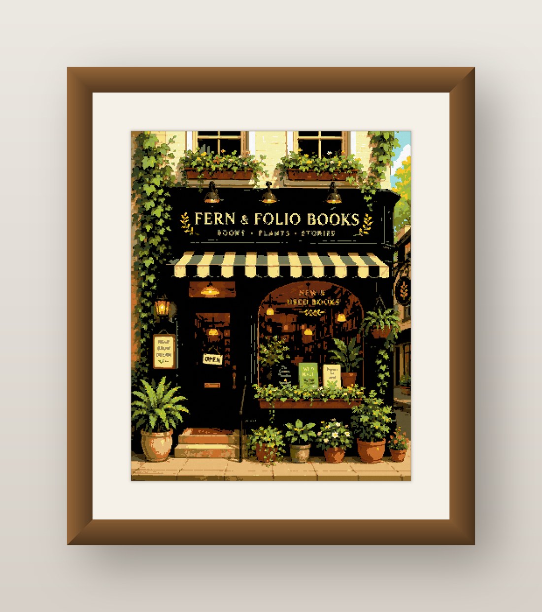 Bookshop Cross Stitch Pattern, Fern and Folio Storefront Plants PDF