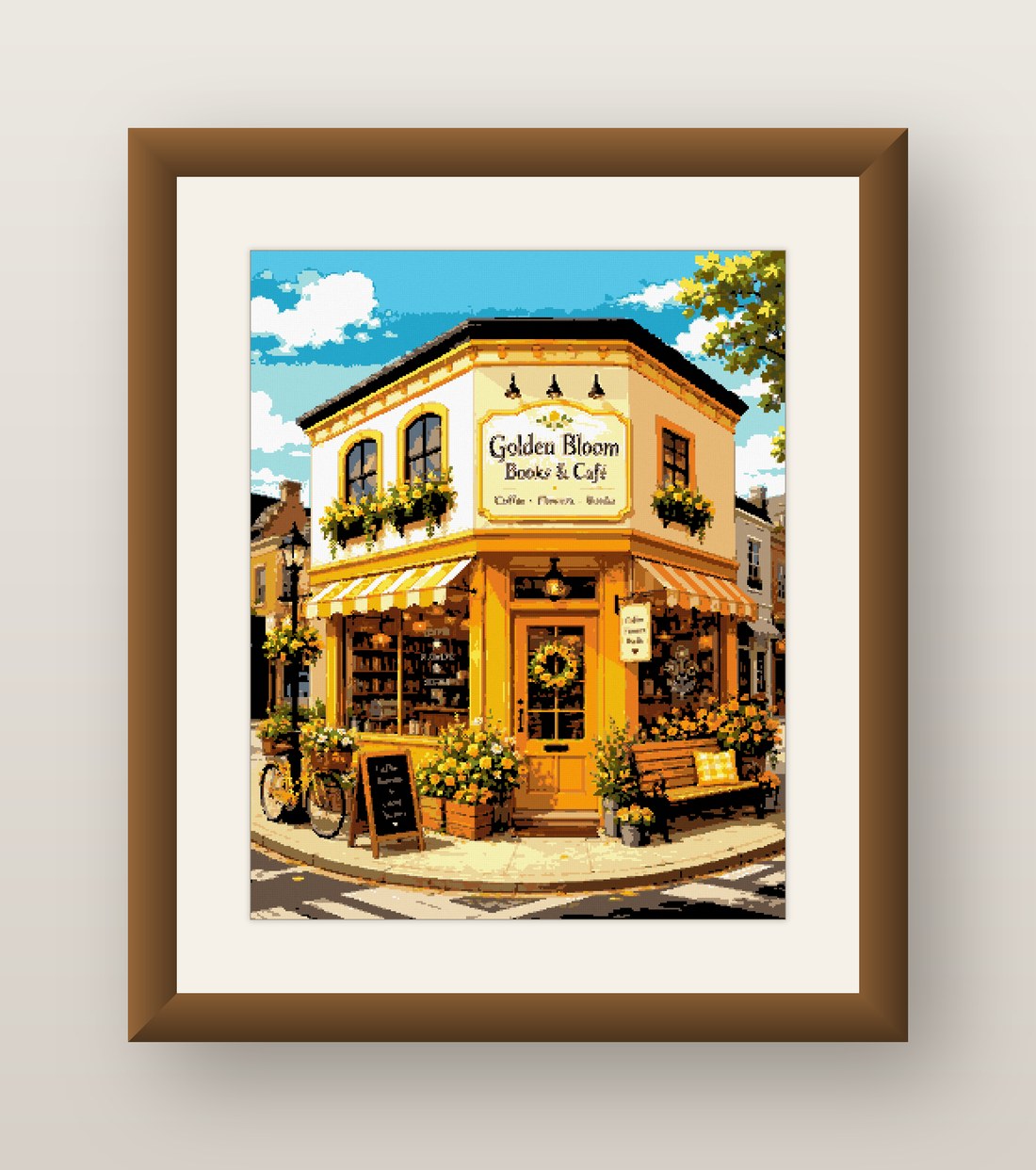 Books and Cafe Cross Stitch Pattern, Golden Bloom Flower Shop PDF