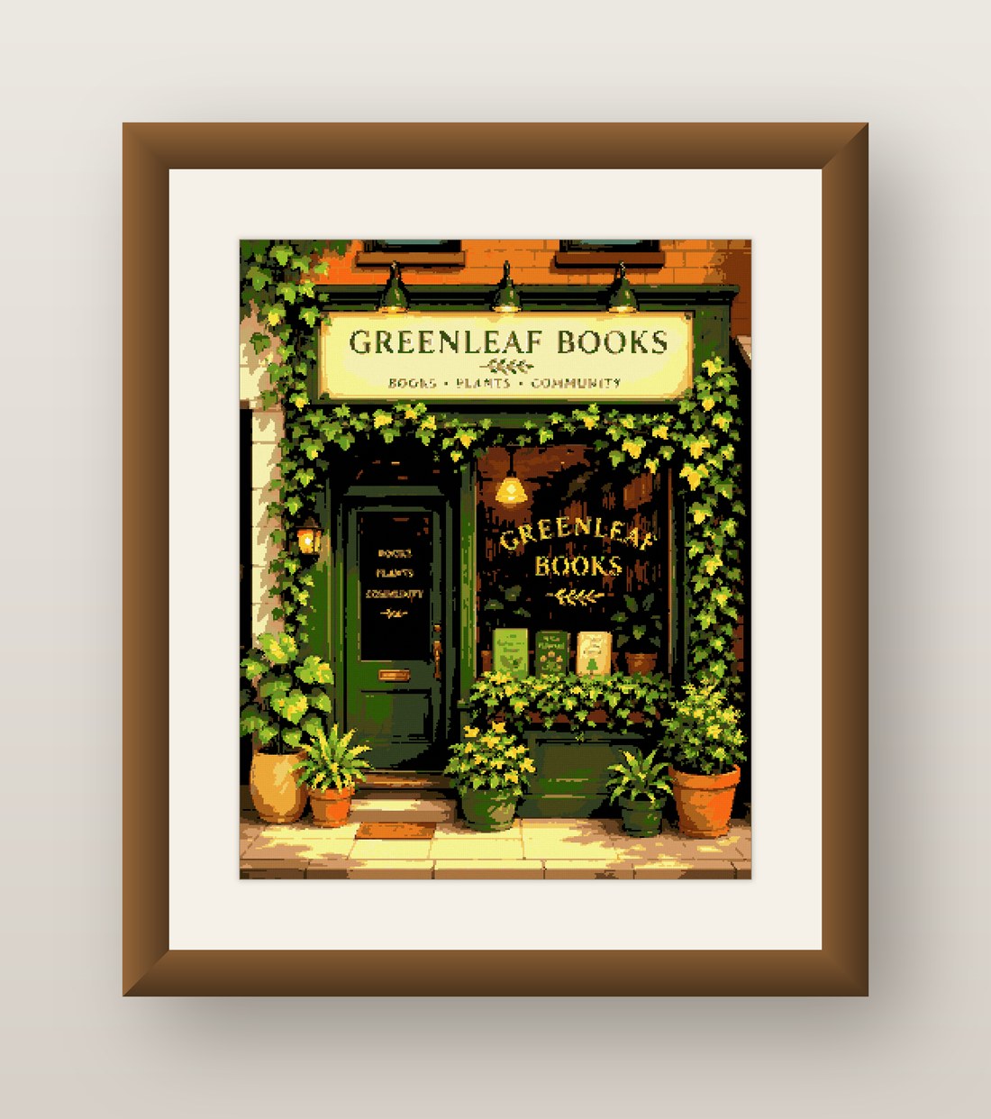 Bookshop Storefront Cross Stitch Pattern, Greenleaf Books Plants PDF