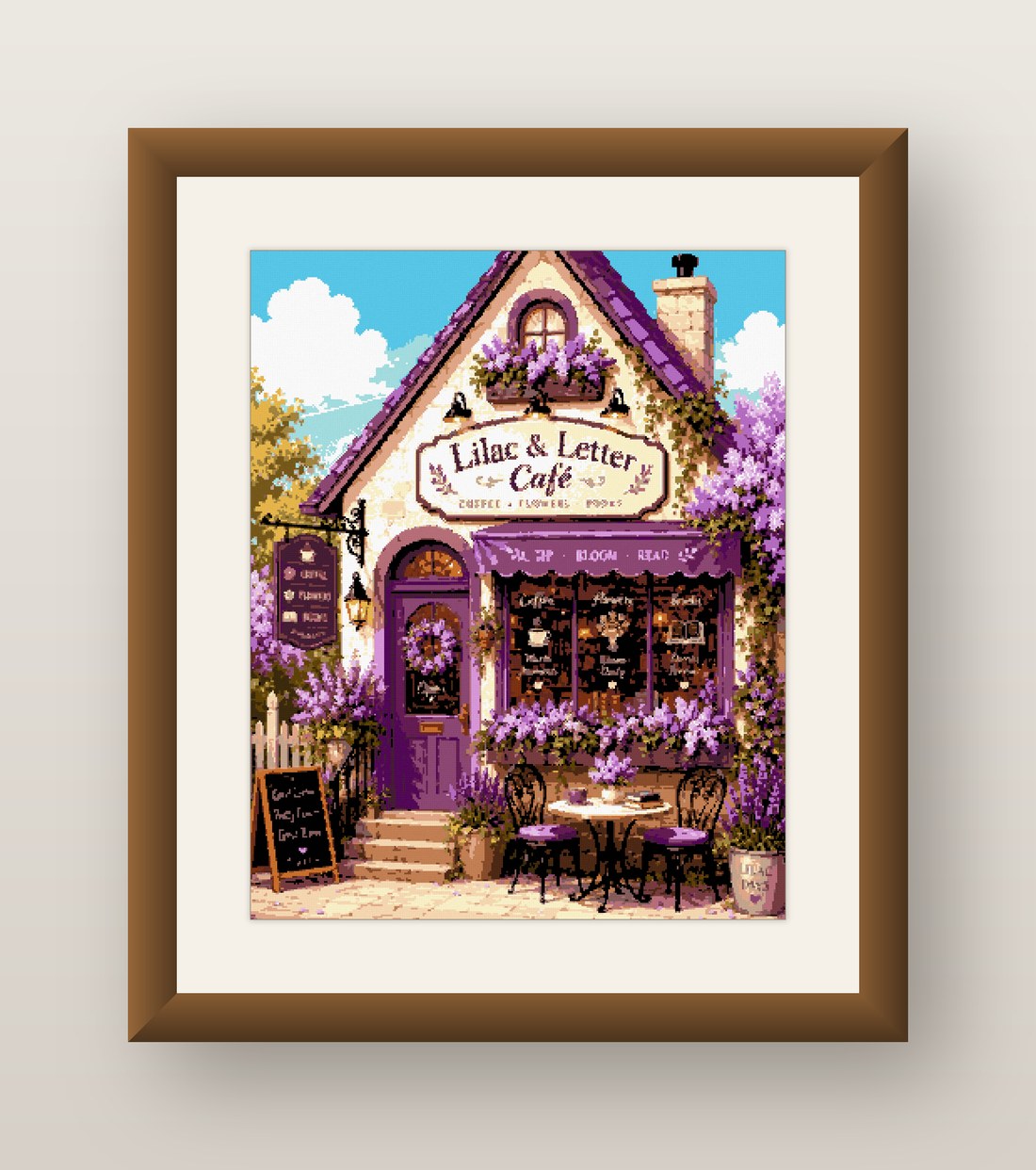 Lilac Cafe Cross Stitch Pattern, Purple Storefront Flower Shop PDF