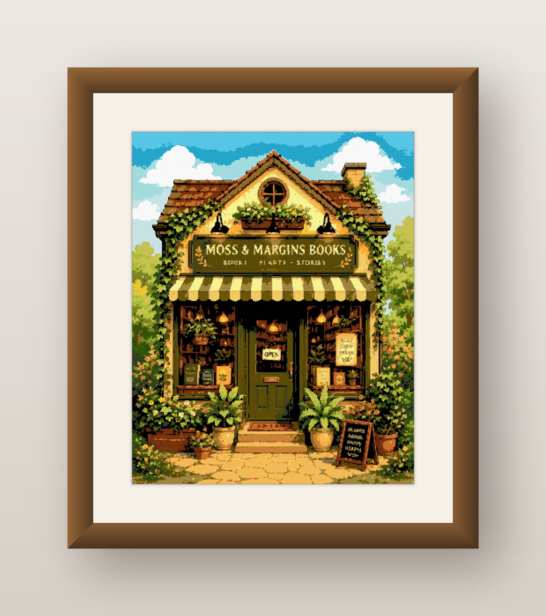 Bookshop Cross Stitch Pattern, Moss and Margins Cozy Storefront PDF
