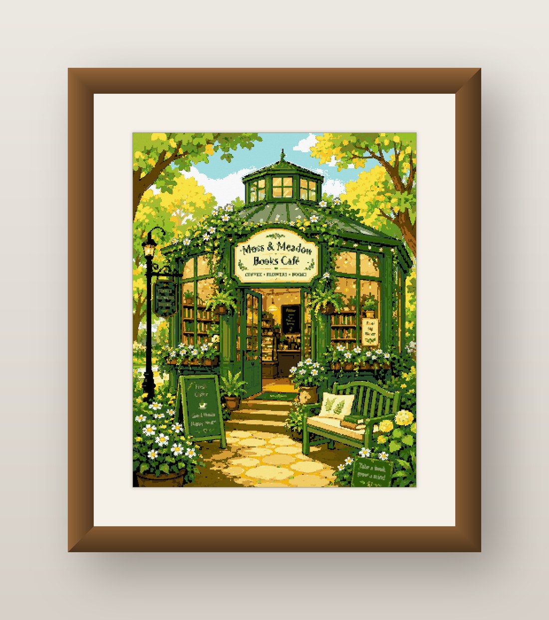Garden Cafe Cross Stitch Pattern, Greenhouse Bookshop Flower Path PDF