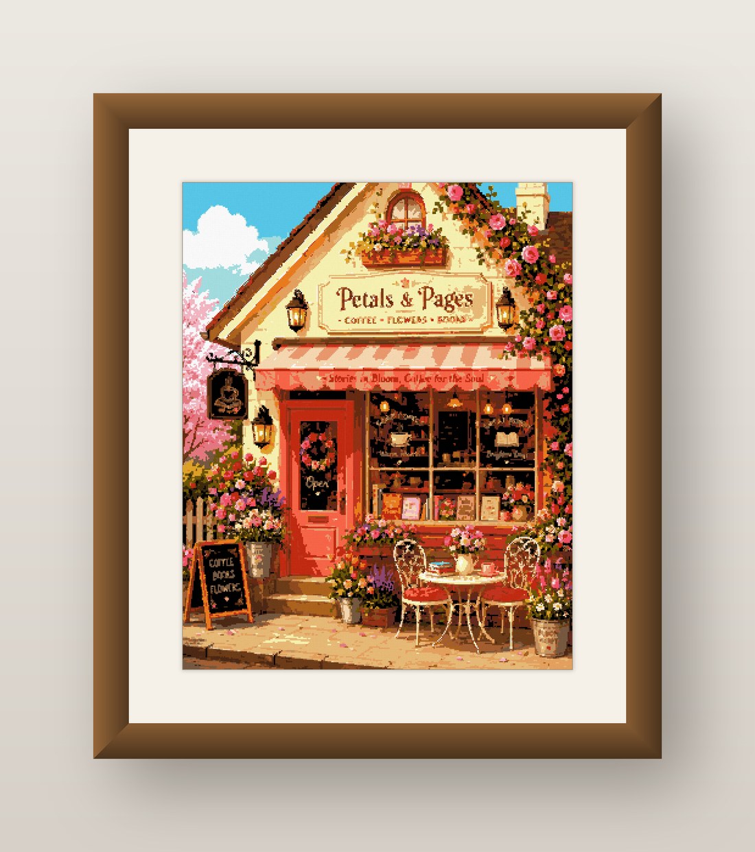 Bookshop Cafe Cross Stitch Pattern, Petals and Pages Pink Flowers PDF