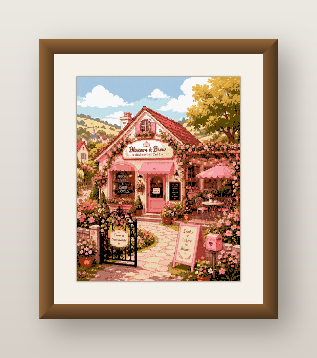 Pink Bookshop Cross Stitch Pattern, Cherry Blossom Storefront Books PDF