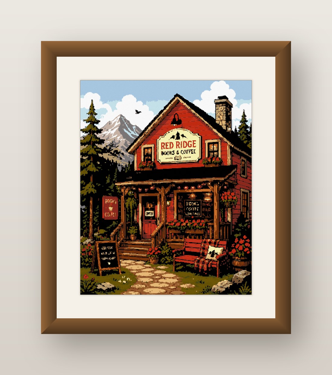 Mountain Bookshop Cross Stitch Pattern, Red Ridge Books Coffee PDF