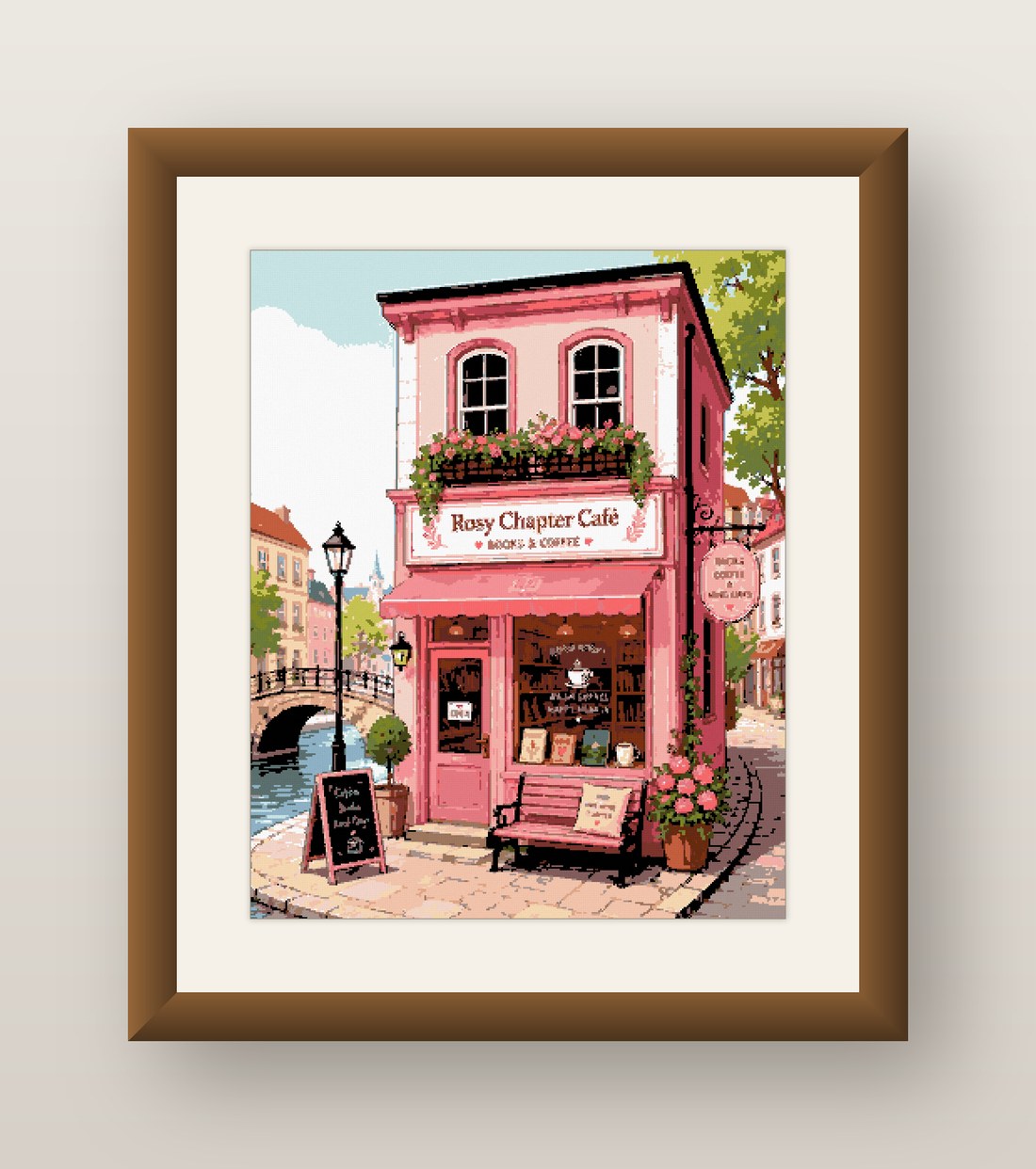 Pink Cafe Cross Stitch Pattern, Rosy Chapter Bookshop Canal Shop PDF