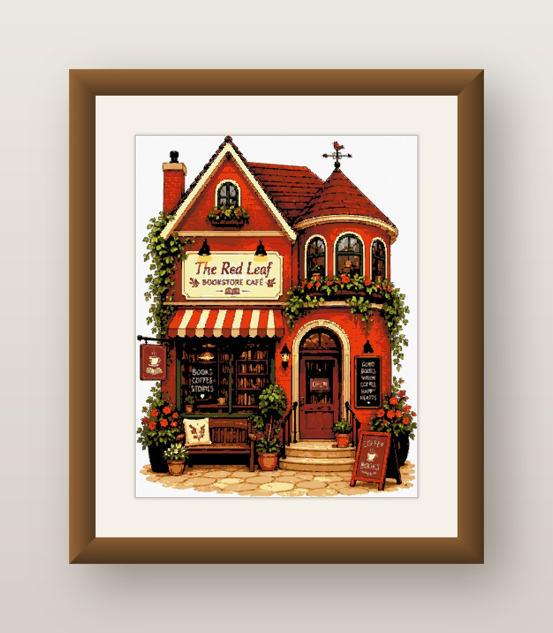 Red Bookshop Cross Stitch Pattern, The Red Leaf Cozy Storefront PDF