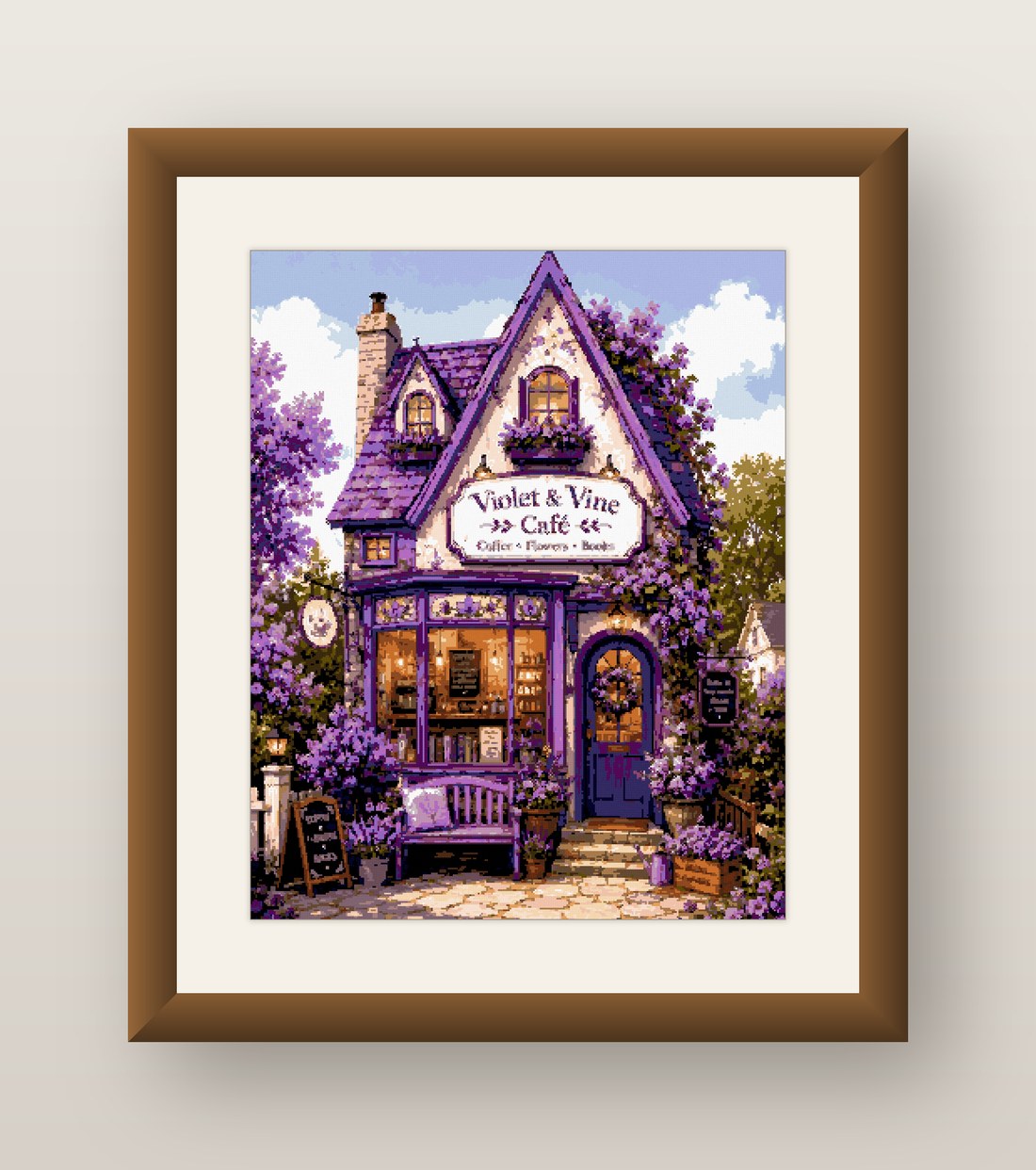 Purple Cafe Cross Stitch Pattern, Violet and Vine Wisteria Shop PDF