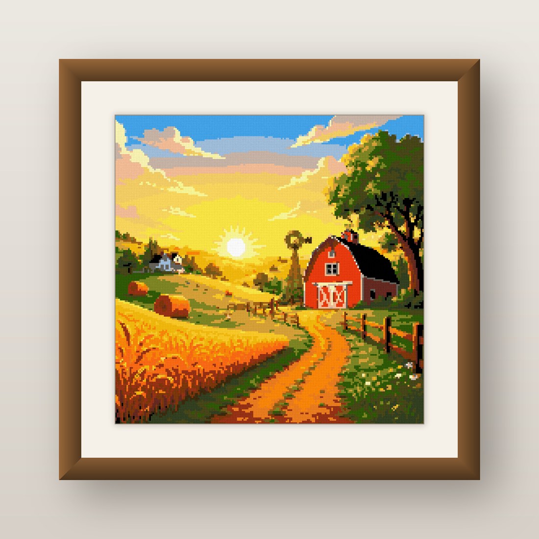 Red Barn Cross Stitch Pattern, Country Sunrise Wheat Field PDF