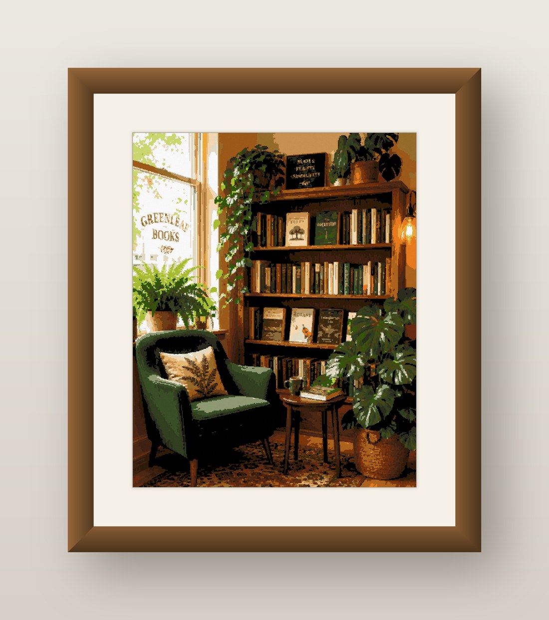 Reading Nook Cross Stitch Pattern, Cozy Bookshelf Plant Corner PDF