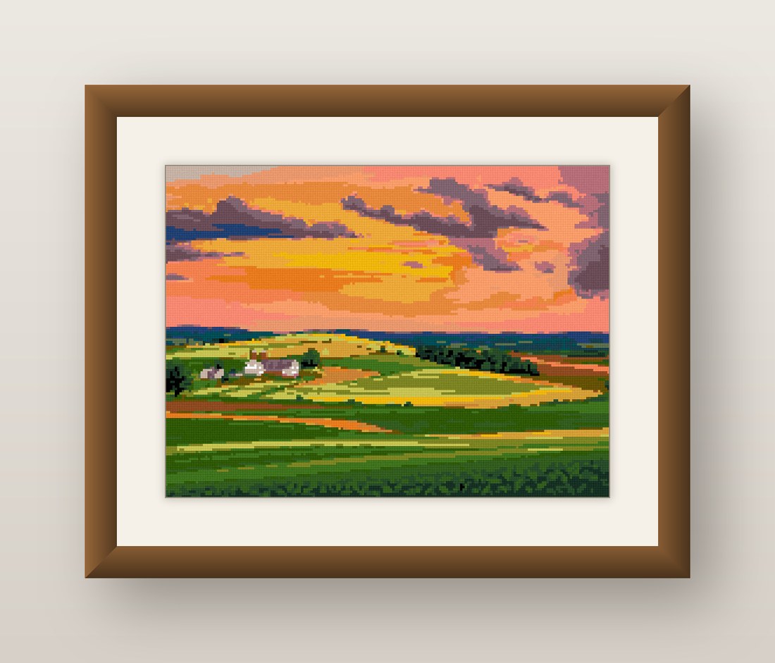 Farmland Sunset Cross Stitch Pattern, Rolling Hills Country PDF