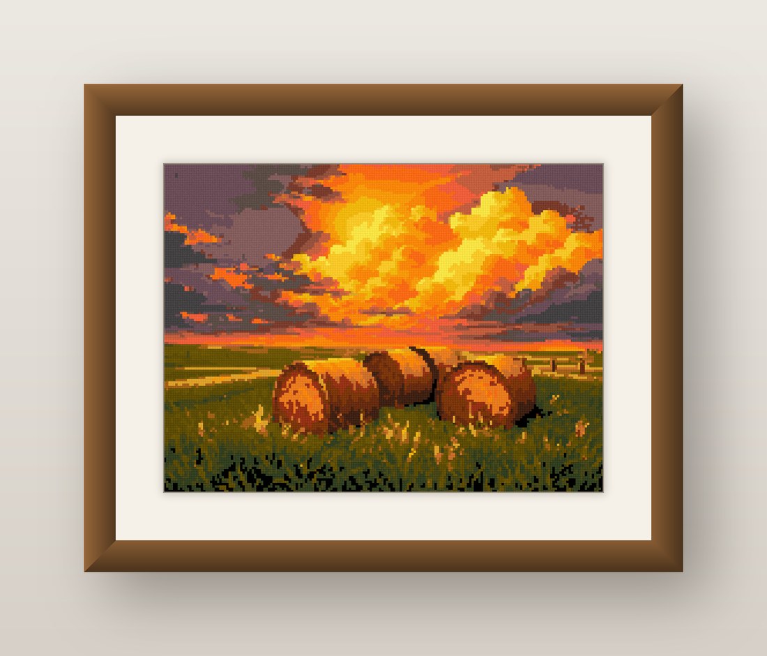 Prairie Hay Bale Cross Stitch Pattern, Golden Field Sunset Sky PDF