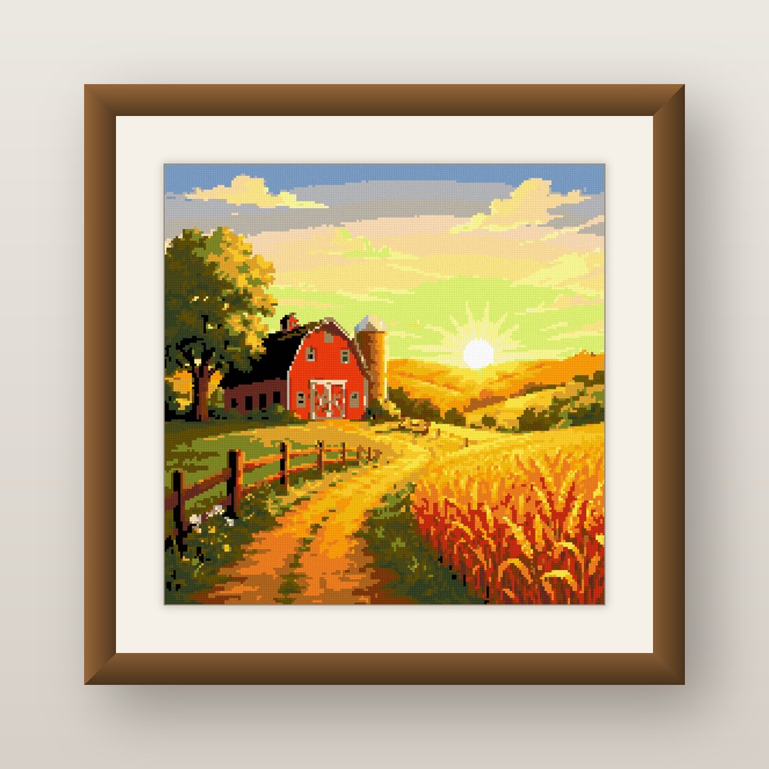Red Barn Sunset Cross Stitch Pattern, Country Wheat Field Farm PDF