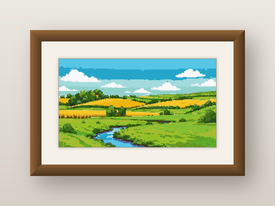 Rolling Hills Cross Stitch Pattern, Green Country Valley Stream PDF
