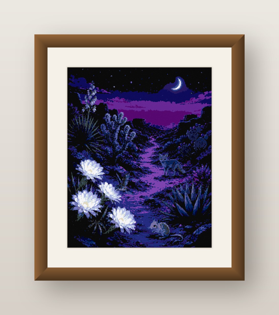 Desert Night Cross Stitch Pattern, Crescent Moon Cactus Bloom PDF