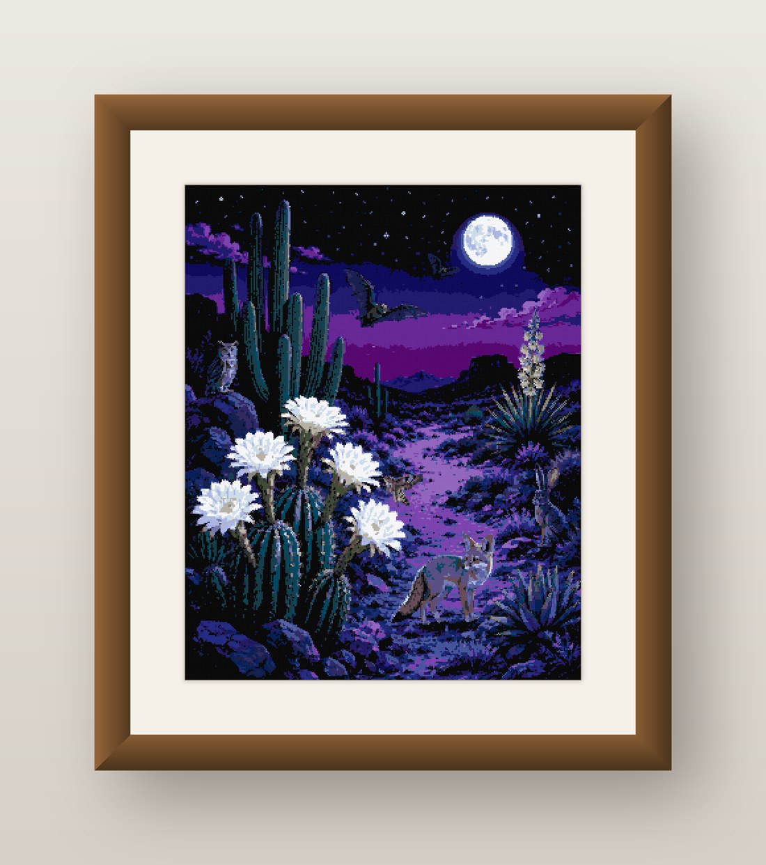 Full Moon Desert Cross Stitch Pattern, Night Cactus Fox Bloom PDF