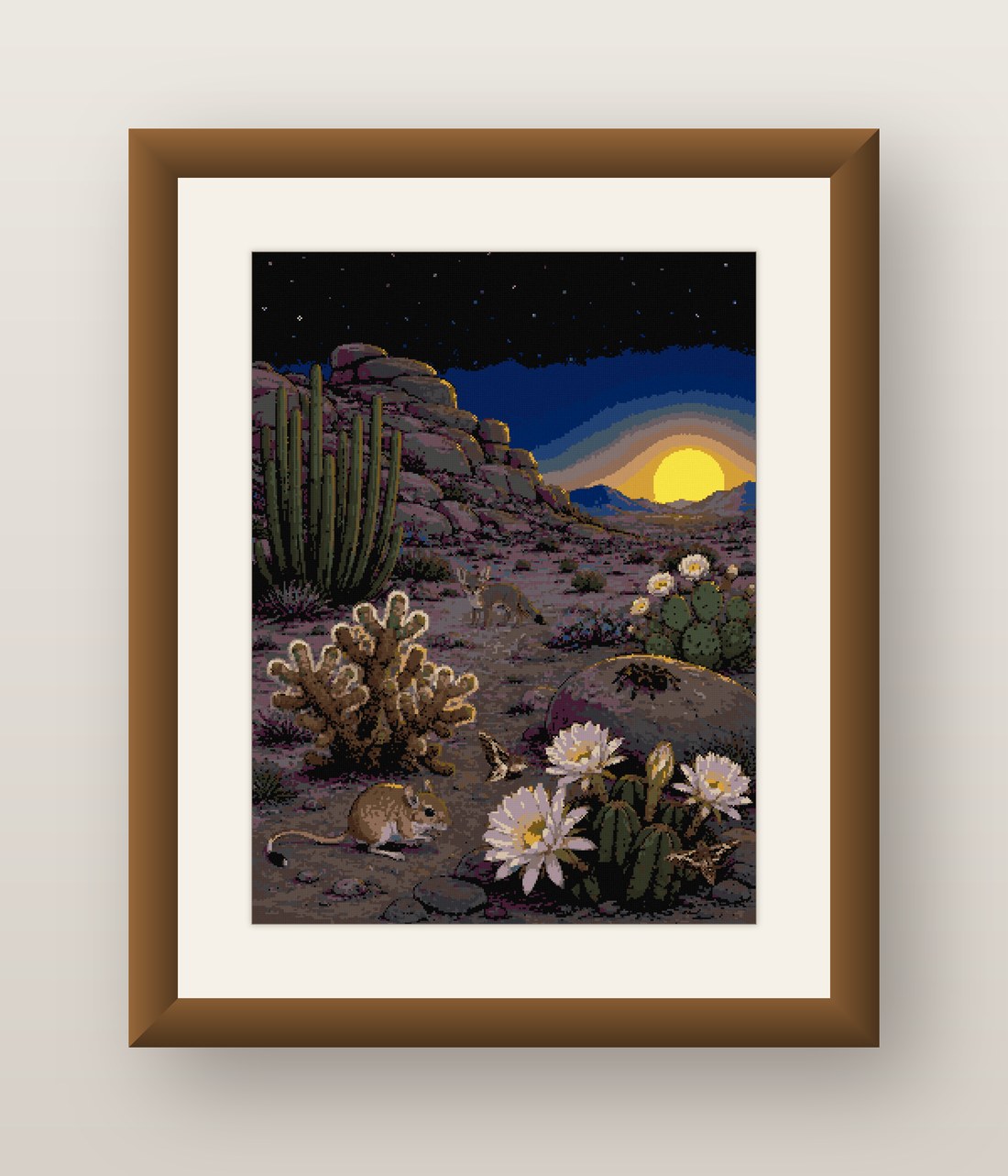 Desert Moonrise Cross Stitch Pattern, Full Moon Cactus Night PDF