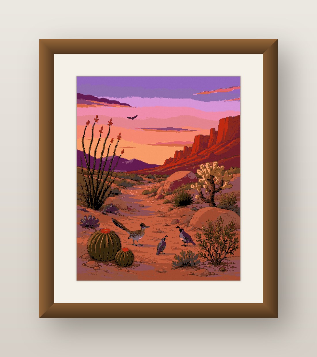Desert Twilight Cross Stitch Pattern, Ocotillo Roadrunner Dusk PDF