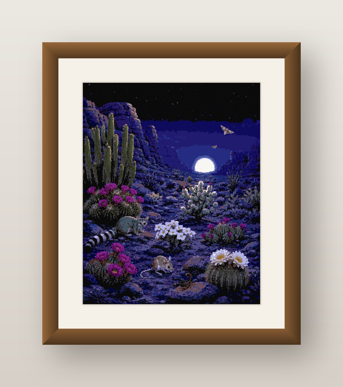 Moonlit Desert Cross Stitch Pattern, Full Moon Cactus Bloom Night PDF