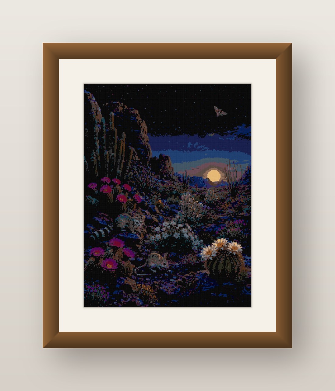 Saguaro Night Cross Stitch Pattern, Desert Cactus Bloom Crescent PDF