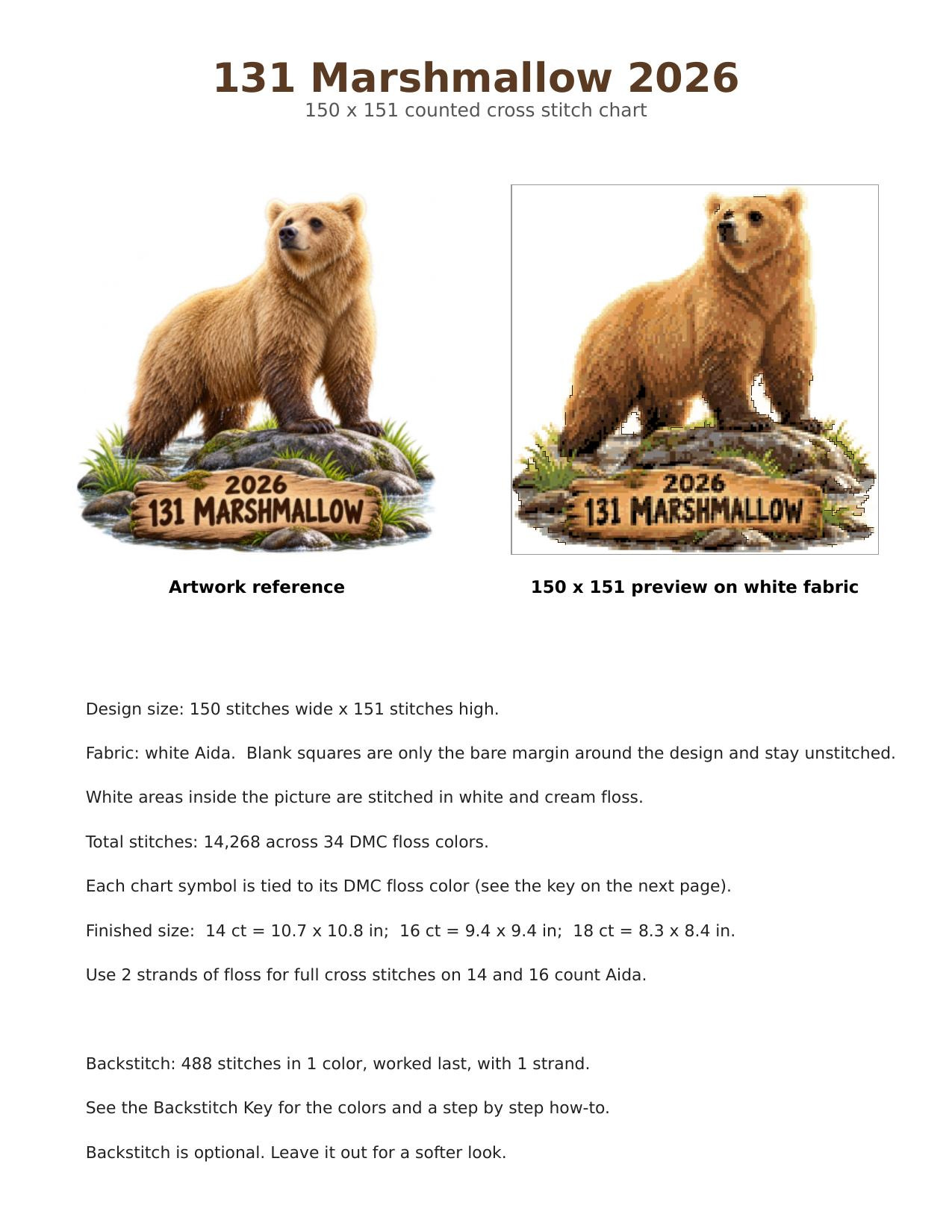 131 Marshmallow Fat Bear Week 2026 Cross Stitch Pattern, Brooks Falls Katmai Alaska Golden Brown Bear PDF
