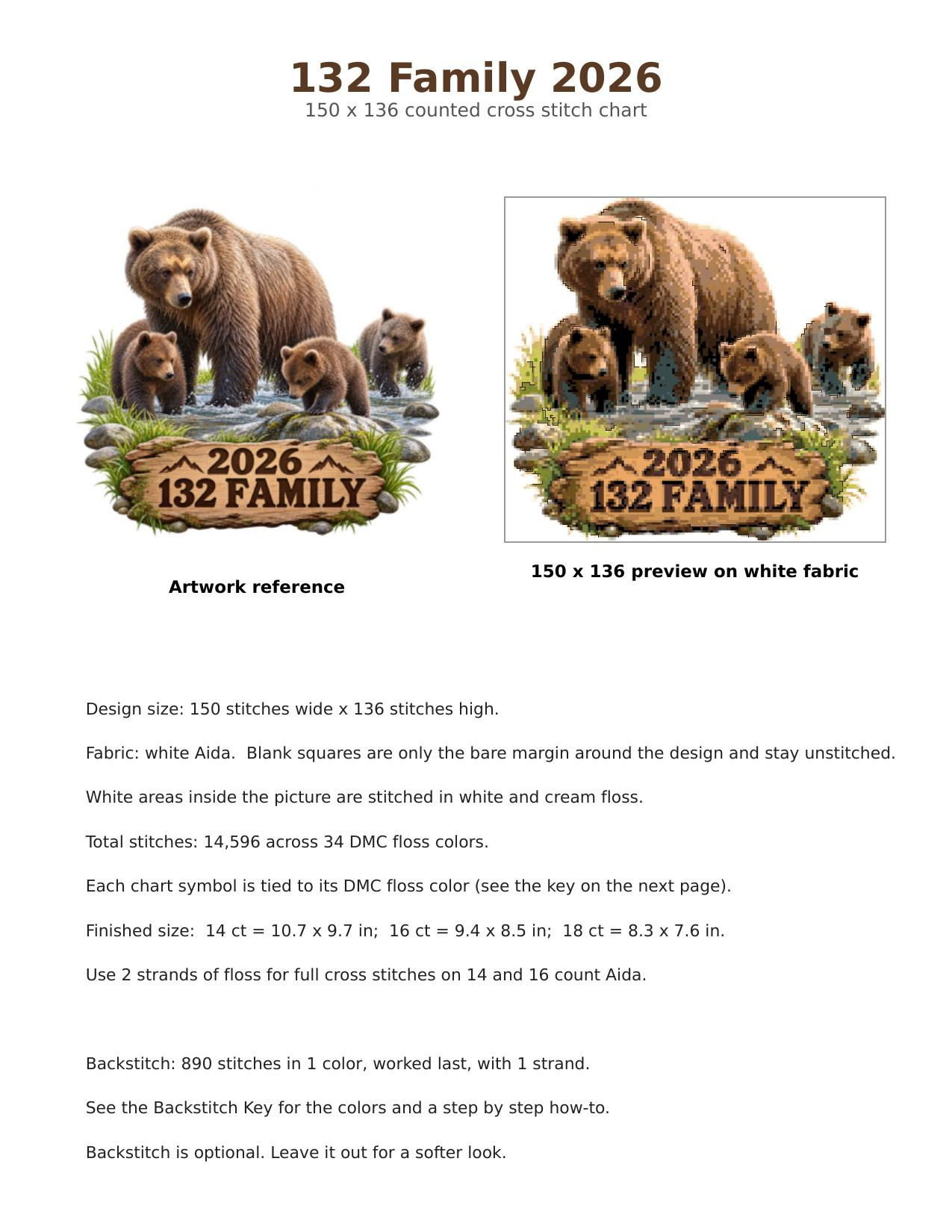 132 Family Fat Bear Week 2026 Cross Stitch Pattern, Brooks Falls Katmai Alaska Mama Bear and Three Cubs PDF