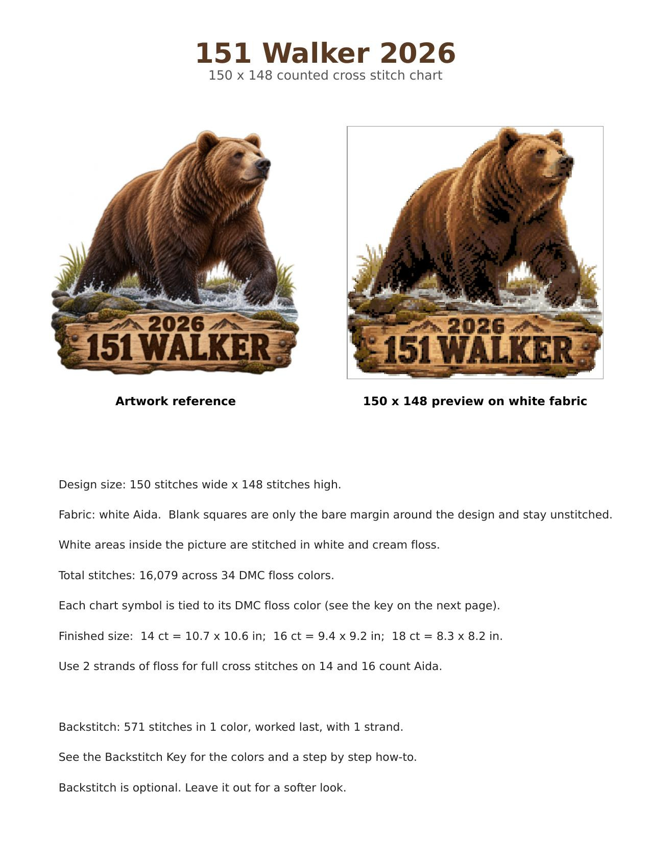 151 Walker Fat Bear Week 2026 Cross Stitch Pattern, Brooks Falls Katmai Alaska Brown Bear Wading PDF