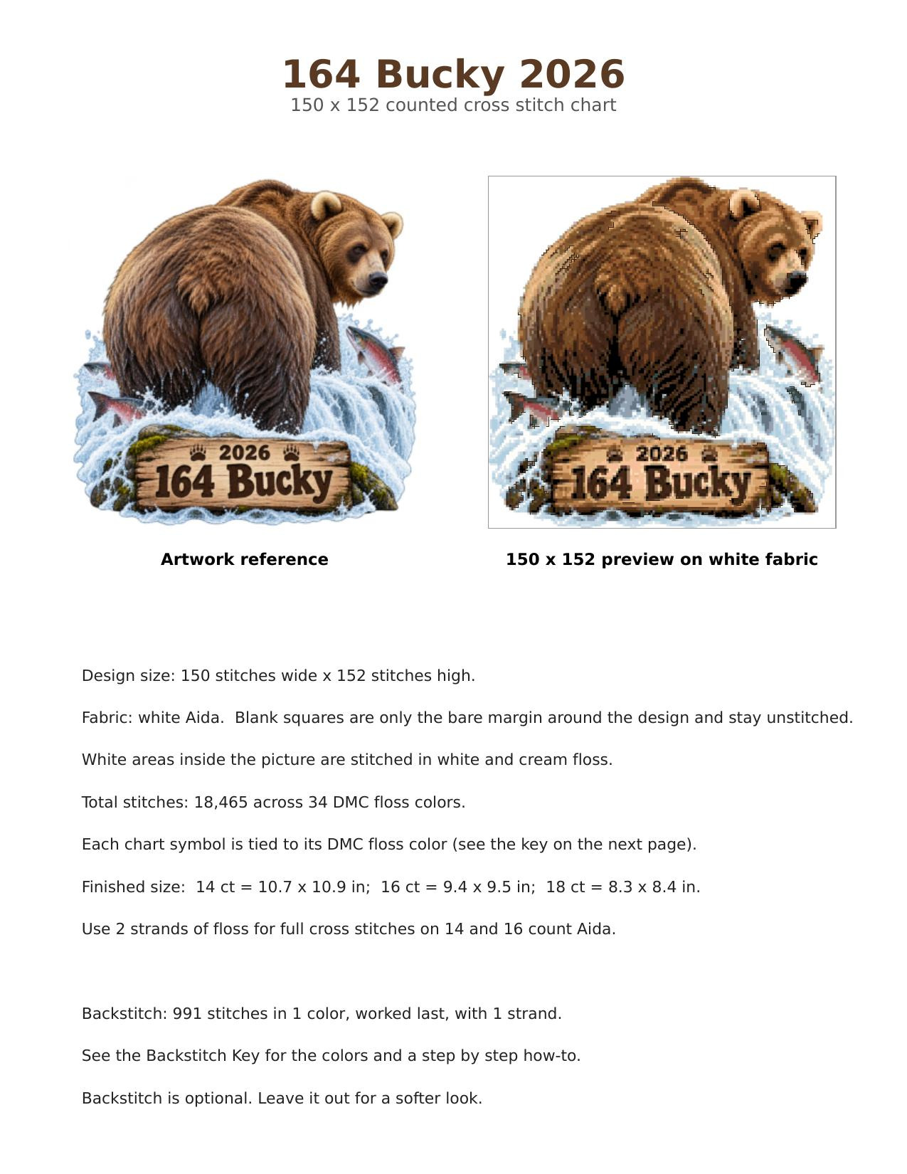 164 Bucky Fat Bear Week 2026 Cross Stitch Pattern, Brooks Falls Katmai Alaska Brown Bear with Salmon PDF