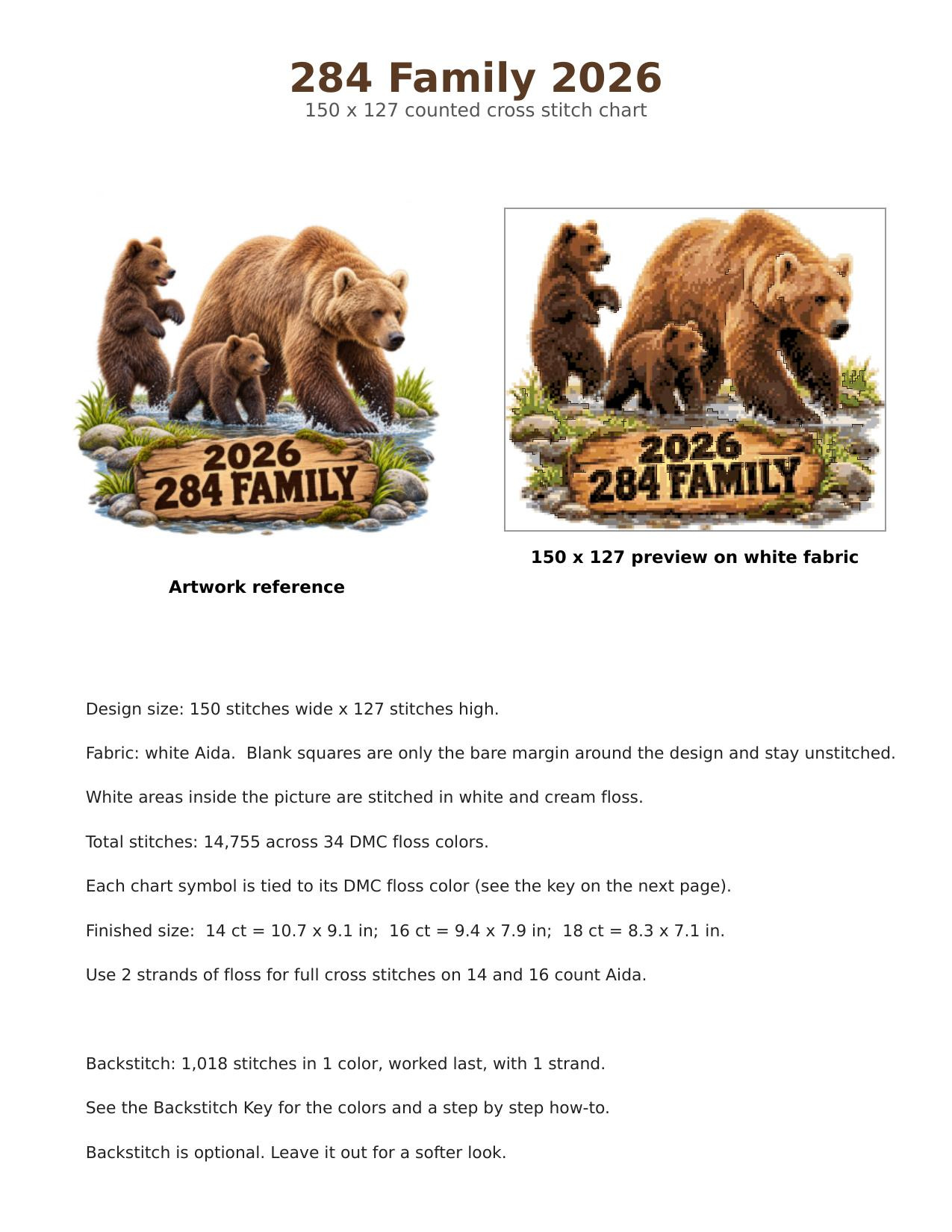 284 Family Fat Bear Week 2026 Cross Stitch Pattern, Brooks Falls Katmai Alaska Mama Bear and Cubs Playing PDF