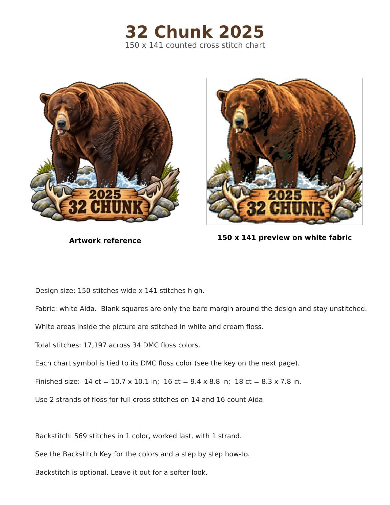 32 Chunk Fat Bear Week 2025 Cross Stitch Pattern, Brooks Falls Katmai Alaska Brown Bear Champion PDF