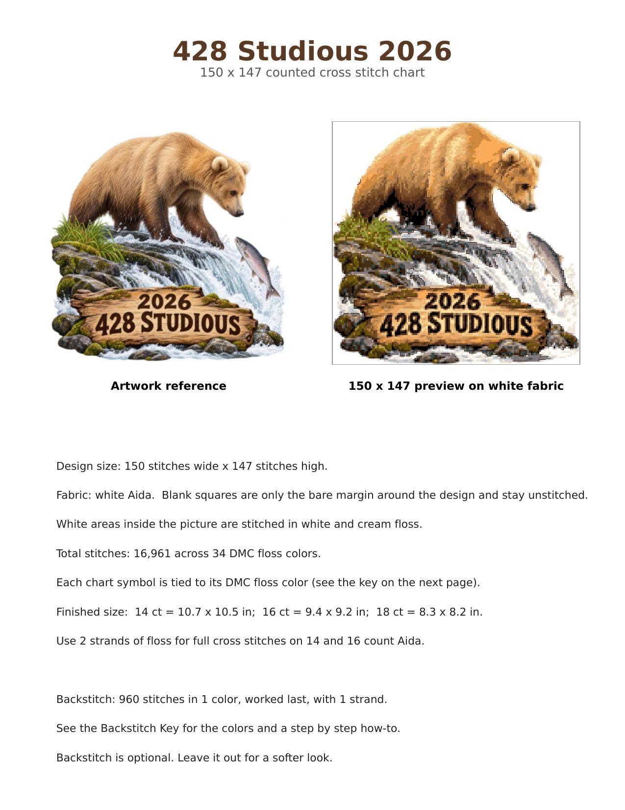 428 Studious Fat Bear Week 2026 Cross Stitch Pattern, Brooks Falls Katmai Alaska Bear Fishing Salmon PDF