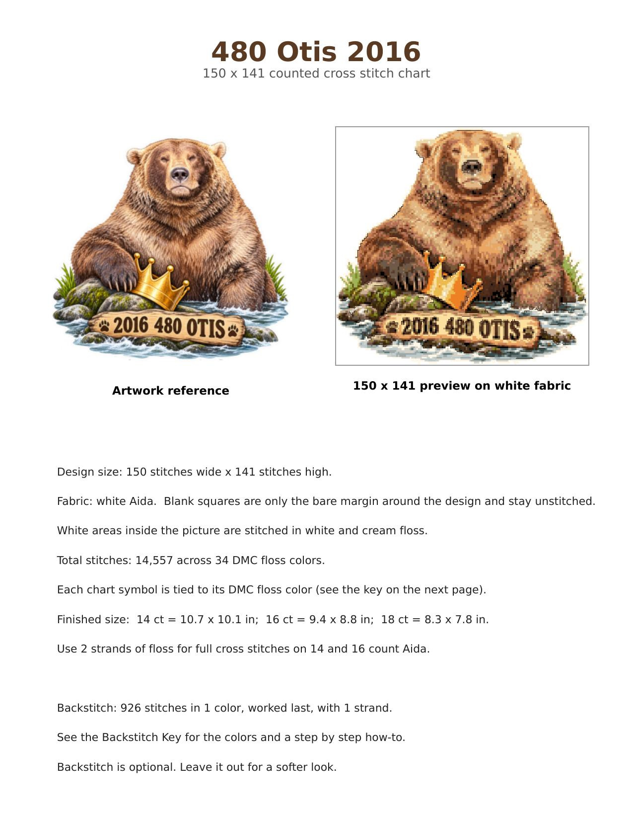 480 Otis Fat Bear Week 2016 Cross Stitch Pattern, Brooks Falls Katmai Alaska King Bear with Crown PDF