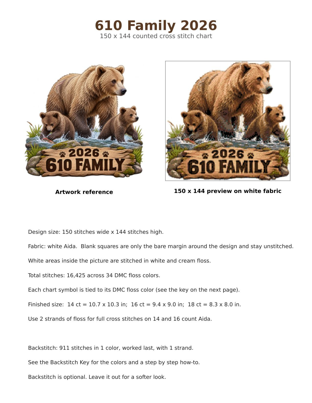 610 Family Fat Bear Week 2026 Cross Stitch Pattern, Brooks Falls Katmai Alaska Mama Bear and Cubs Fishing PDF