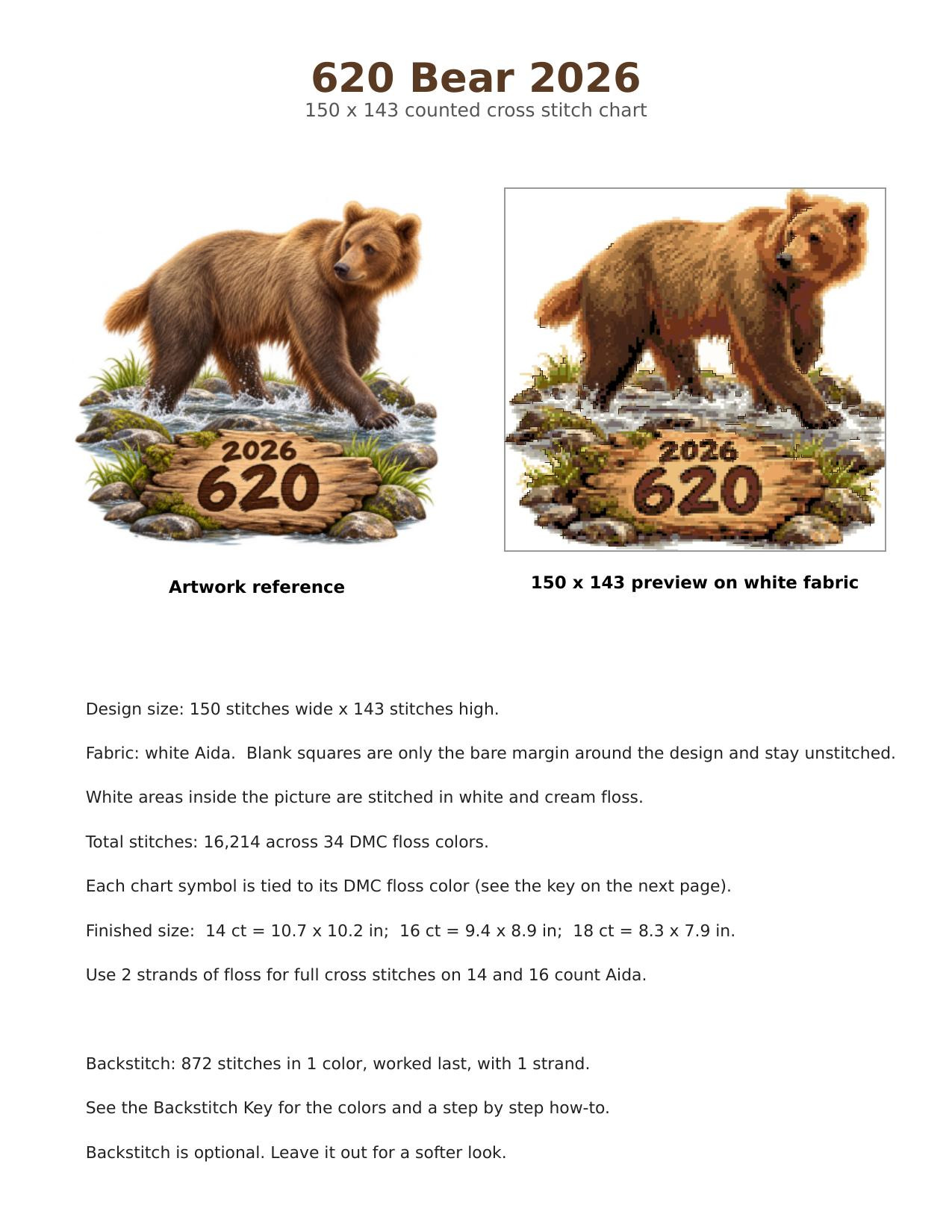 620 Fat Bear Week 2026 Cross Stitch Pattern, Brooks Falls Katmai Alaska Brown Bear Crossing the River PDF