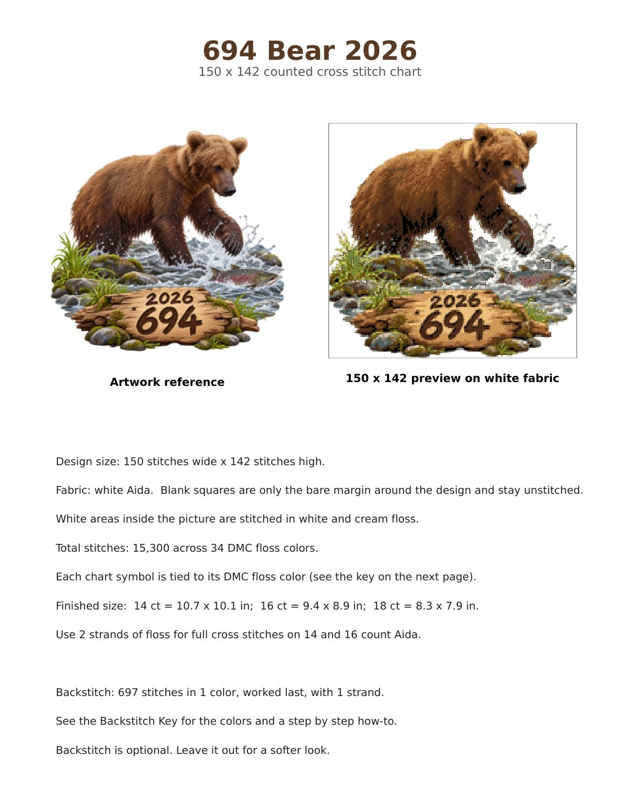 694 Fat Bear Week 2026 Cross Stitch Pattern, Brooks Falls Katmai Alaska Brown Bear Chasing Salmon PDF