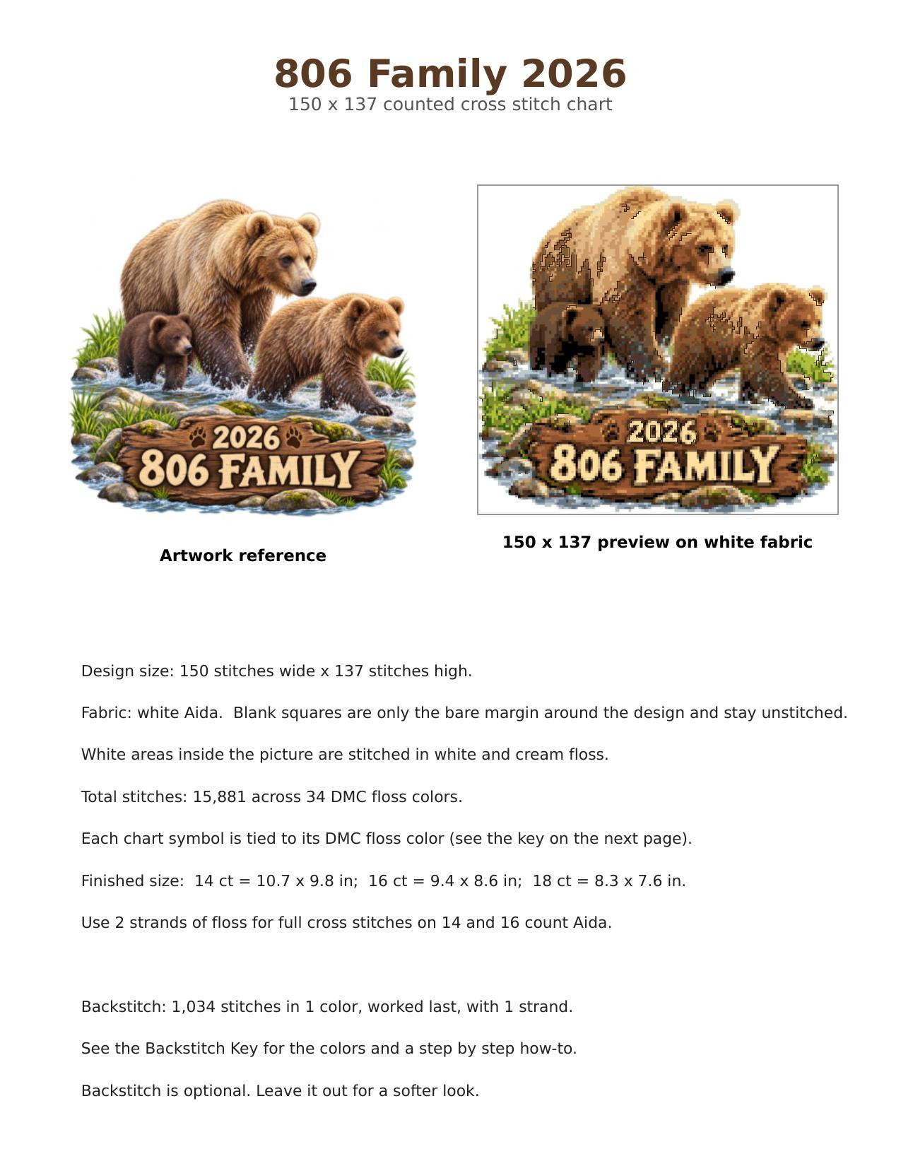 806 Family Fat Bear Week 2026 Cross Stitch Pattern, Brooks Falls Katmai Alaska Mama Bear and Two Cubs PDF