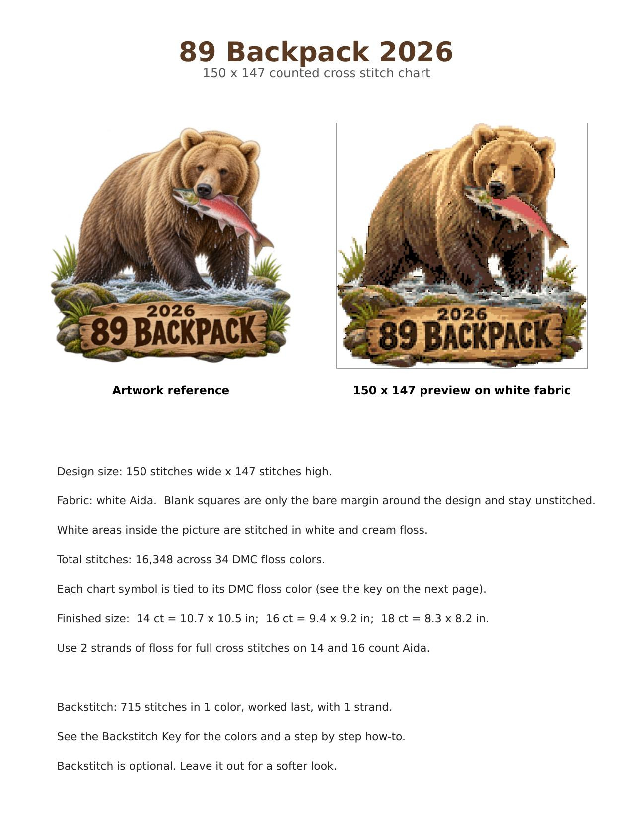 89 Backpack Fat Bear Week 2026 Cross Stitch Pattern, Brooks Falls Katmai Alaska Bear with Salmon Catch PDF