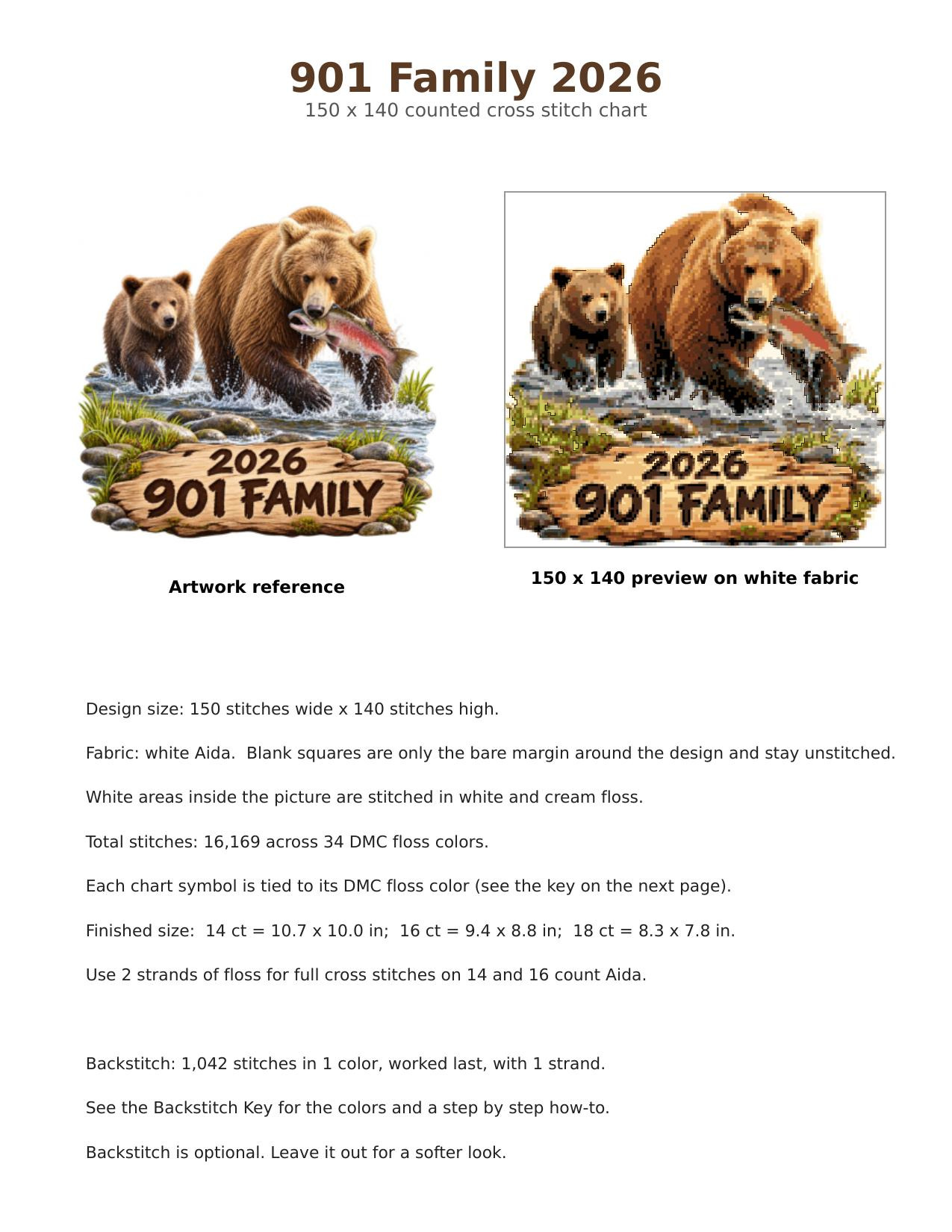 901 Family Fat Bear Week 2026 Cross Stitch Pattern, Brooks Falls Katmai Alaska Mama Bear and Cub with Salmon PDF