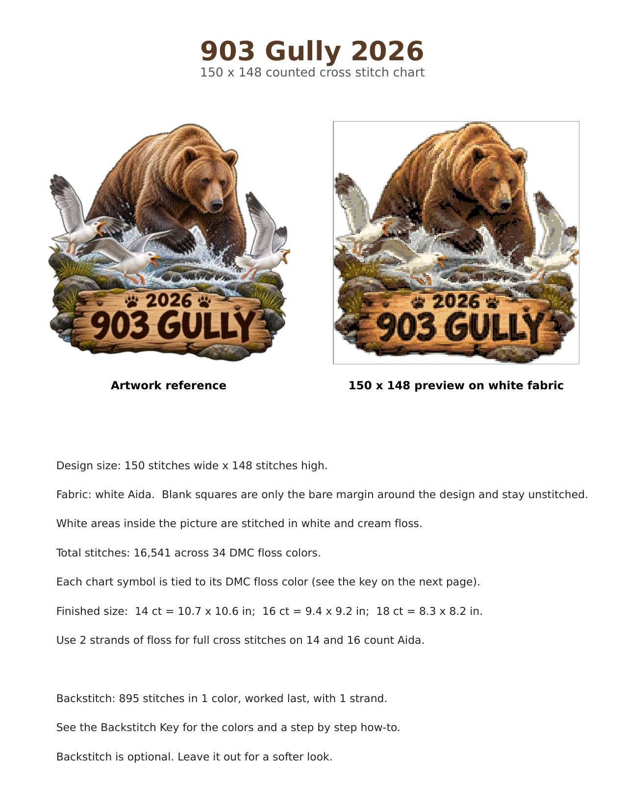 903 Gully Fat Bear Week 2026 Cross Stitch Pattern, Brooks Falls Katmai Alaska Bear and Seagulls PDF