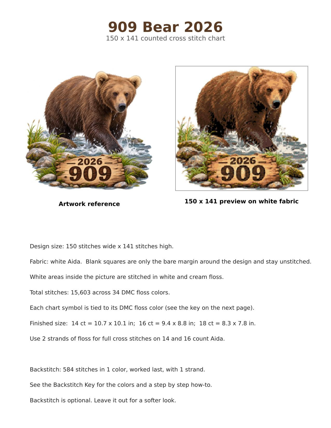 909 Fat Bear Week 2026 Cross Stitch Pattern, Brooks Falls Katmai Alaska Wet Brown Bear Wading PDF