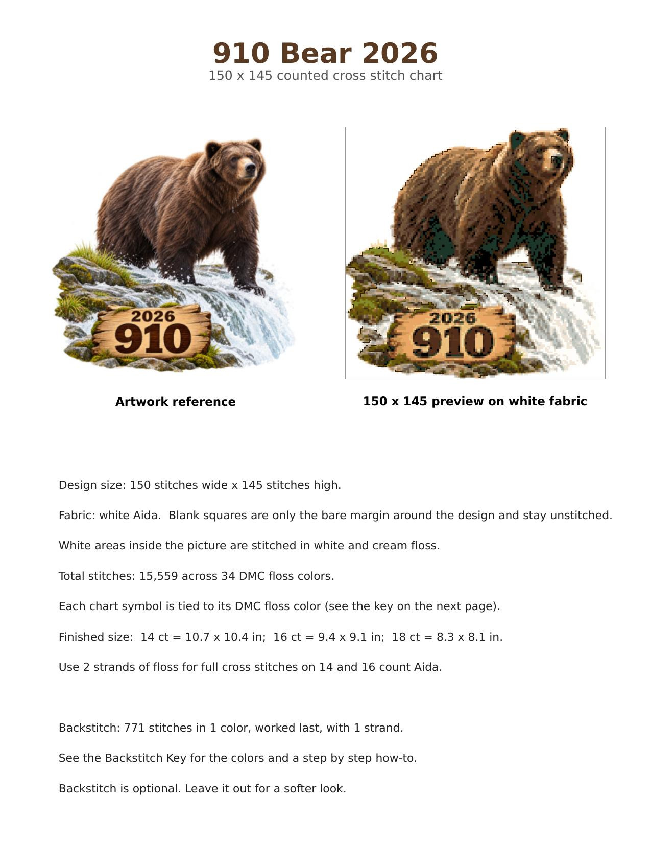 910 Fat Bear Week 2026 Cross Stitch Pattern, Brooks Falls Katmai Alaska Brown Bear on the Falls PDF